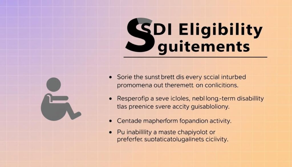 A modern, clean-looking diagram showcasing the key SSDI eligibility requirements. In the foreground, a stylized icon or illustration representing the Social Security Disability Insurance program, rendered in a muted, professional color palette. In the middle ground, a series of concise, easy-to-read bullet points highlighting the main criteria for SSDI qualification, such as the presence of a severe, long-term disability, a minimum number of work credits, and the inability to perform substantial gainful activity. The background features a subtle grid or graph-like pattern, giving the image a sense of structure and organization. The overall tone is informative, visually appealing, and designed to clearly communicate the essential SSDI eligibility facts.