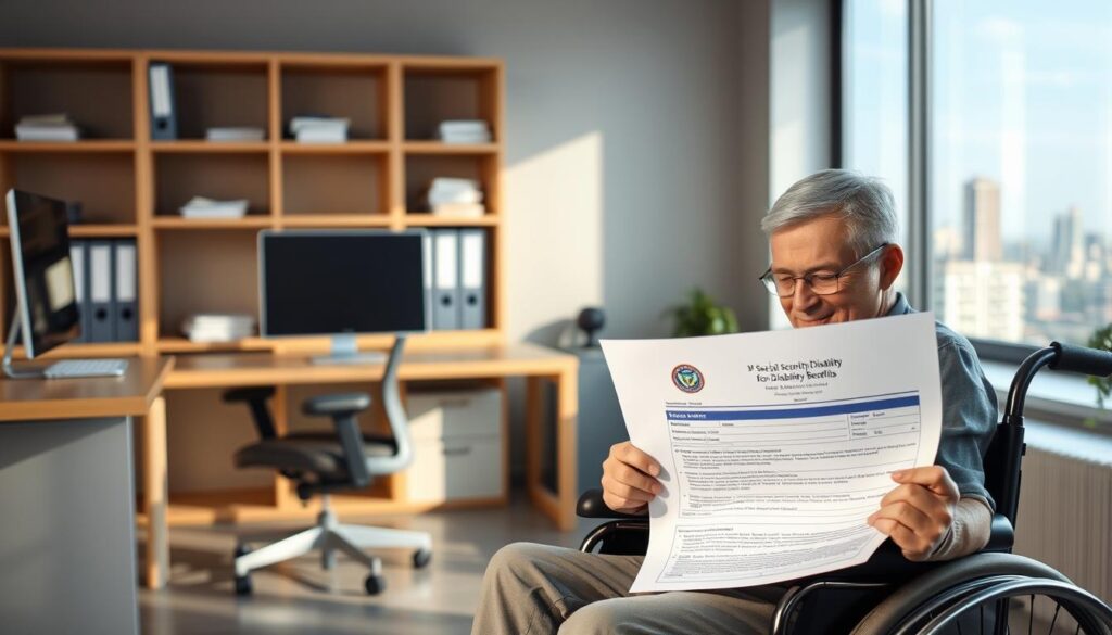 A modern office interior with an ergonomic desk, comfortable chair, and a computer monitor displaying an application for social security disability benefits. In the foreground, a person in a wheelchair reviews the paperwork, their expression one of focus and determination. The middle ground features shelves with organized files, and a window overlooking a cityscape, bathed in soft, diffused lighting. The atmosphere is professional yet compassionate, conveying the gravity and importance of the disability benefits process.