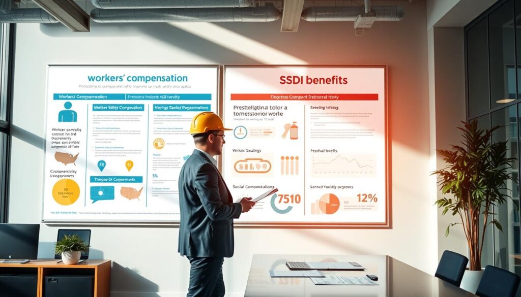 A modern office interior with natural lighting filtering through large windows. In the foreground, two professionals - a worker in a hardhat and a person in business attire - standing at a desk, discussing documents. Behind them, a wall display showcases information about workers' compensation and SSDI benefits, with infographics and data visualizations. The overall atmosphere conveys a sense of collaboration, expertise, and problem-solving, reflecting the intersection of these important social safety net programs.