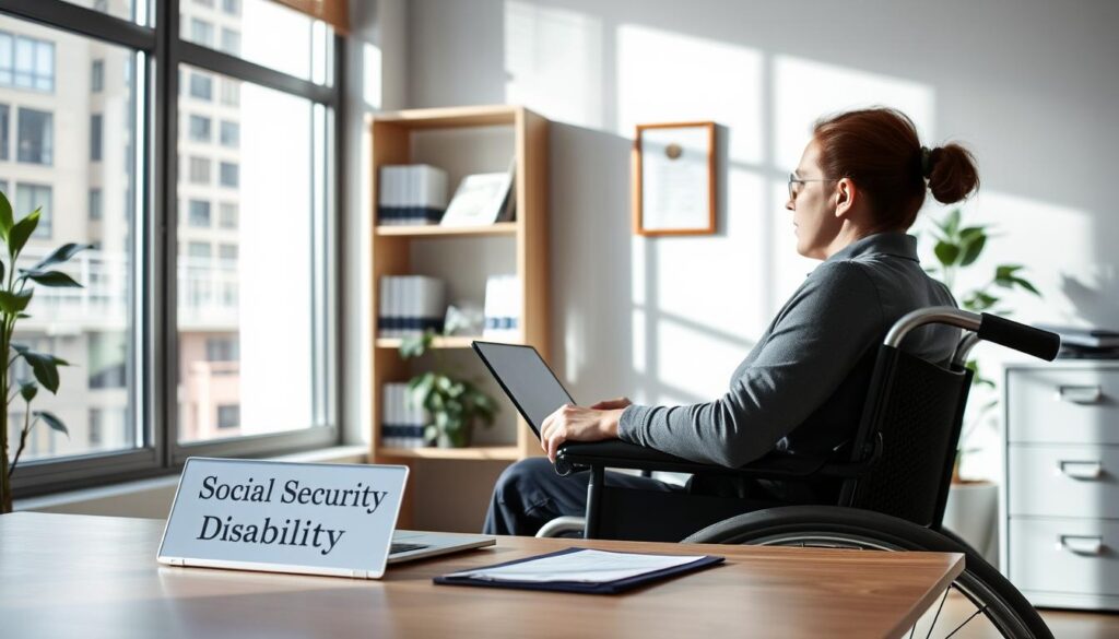 A modern office setting, with sunlight streaming through large windows. In the foreground, a person in a wheelchair sits at a desk, working intently on a laptop. On the desk, a nameplate reads "Social Security Disability". Behind them, a bookshelf filled with legal documents and a framed certificate on the wall. In the background, a potted plant and a filing cabinet, suggesting an organized and professional atmosphere. The lighting is soft and natural, creating a calming, productive vibe. The scene conveys the idea of navigating the complexities of the disability system, with the person at the center of the image focused on their task.