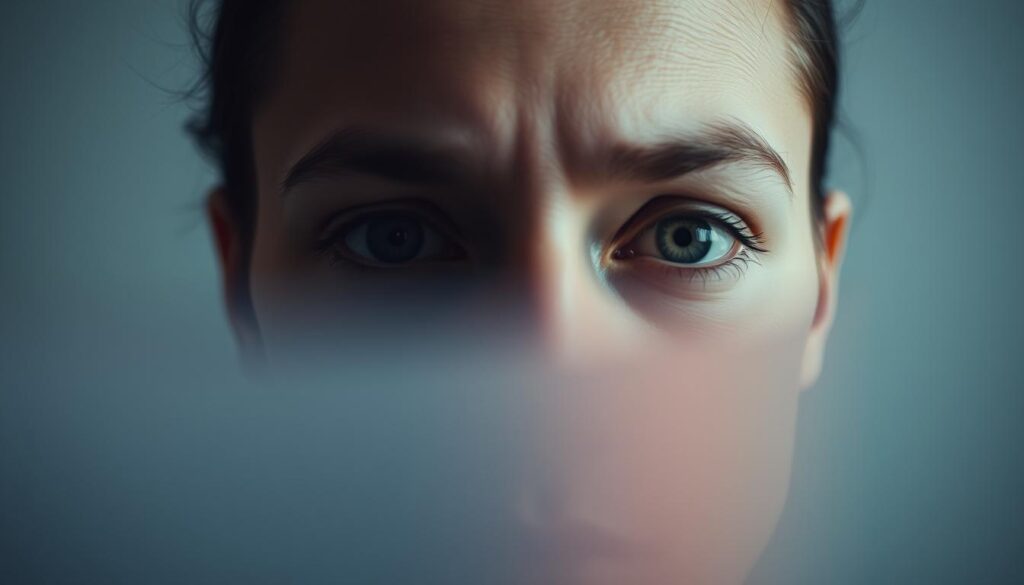A pair of eyes partially obscured by a blurry, dimmed filter, conveying the sensation of diminished or impaired vision. The subject's face is captured in a subtle, contemplative pose, with a hint of concern or uncertainty. The image is set against a muted, out-of-focus background, emphasizing the central focus on the eyes and the sense of visual impairment. The lighting is soft and diffused, creating a sense of introspection and vulnerability. The overall mood evokes a thoughtful, introspective atmosphere, reflecting the challenges and experiences of those living with vision-related disorders.