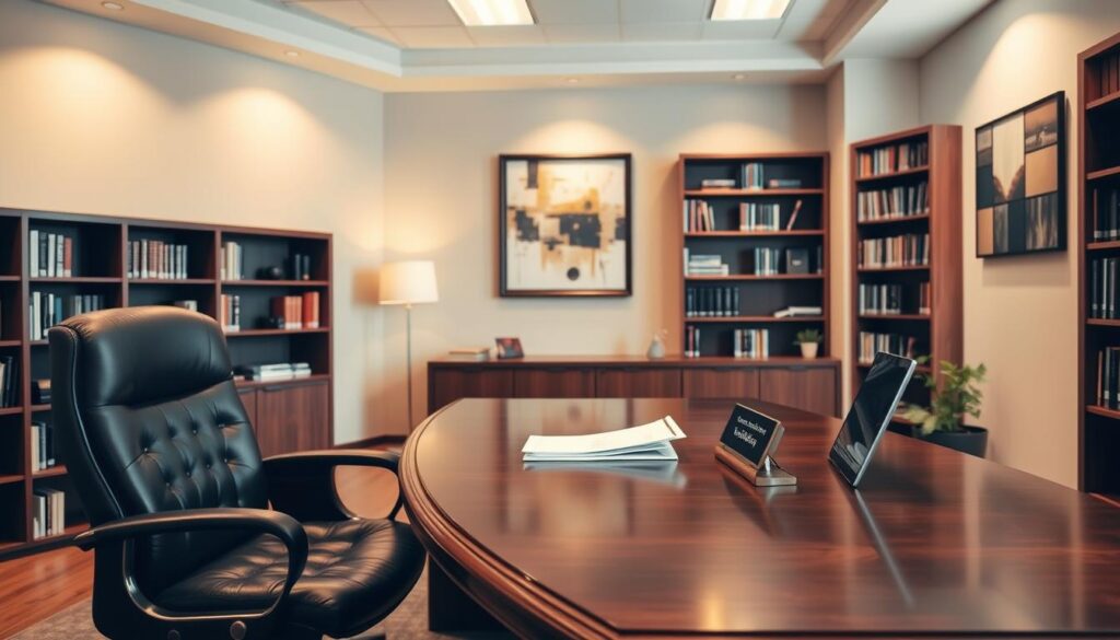 A serene office interior with a large wooden desk, a plush leather chair, and bookshelves lining the walls. On the desk, there is a laptop, a stack of documents, and a nameplate that reads "Social Security Disability Insurance - Minnesota Eligibility". The lighting is warm and inviting, casting a soft glow throughout the space. The walls are a calming neutral tone, complemented by a tasteful piece of abstract art on the wall. The overall atmosphere conveys professionalism, expertise, and a sense of guidance for those seeking information about Social Security Disability Insurance in Minnesota.
