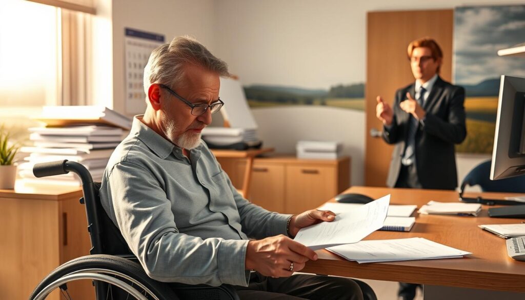 A serene office setting with a desk, computer, and documents, illuminated by warm, natural lighting. In the foreground, a person in a wheelchair reviews paperwork, brow furrowed in concentration. Behind them, a stack of files and a calendar on the wall hint at the administrative process. The middle ground features a person in a professional suit, gesturing empathetically, representing the disability determination process. The background depicts a calming, abstract landscape, reflecting the weighty, yet compassionate nature of the subject matter.