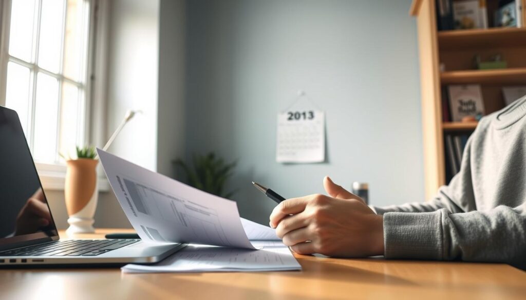 A serene, well-lit scene depicting a person with autism spectrum disorder reviewing documents related to Social Security disability benefits. The foreground shows the person's hands carefully sorting through paperwork, with a laptop and tablet on the desk providing a digital interface. The middle ground showcases a warm, inviting home office environment, with natural lighting filtering through a window. The background subtly hints at the broader social context, with a calendar displaying the current year and informational brochures visible on the shelves. The overall tone conveys a sense of calm, focus, and the individual's empowerment in navigating the disability benefits process.