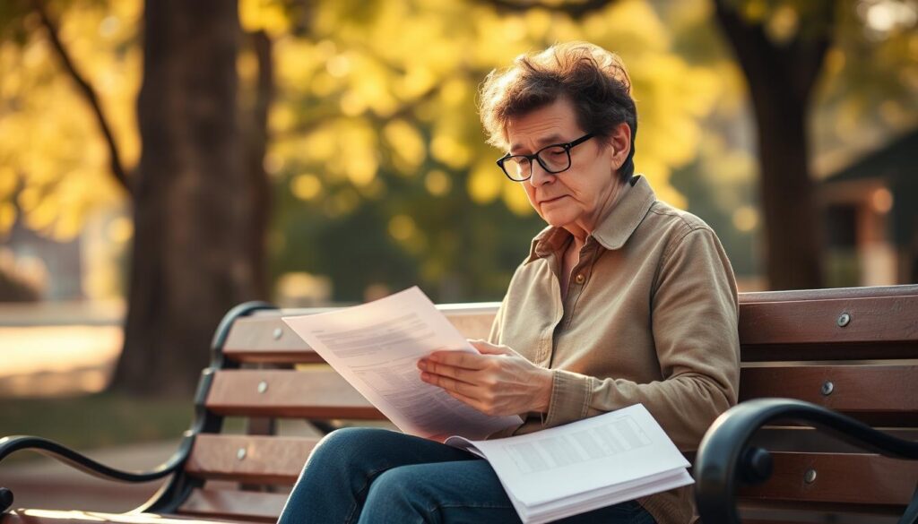 A sun-dappled park bench, a person sitting with a thoughtful expression, holding papers and documents - the signs of navigating the complexities of disability benefits. The background softly blurred, suggesting the isolation and personal introspection of this process. Warm, muted tones evoke a sense of empathy and understanding. The figure's posture conveys both determination and a hint of weariness, capturing the emotional journey of pursuing social support. Soft lighting gently illuminates the scene, creating an atmosphere of quiet contemplation.