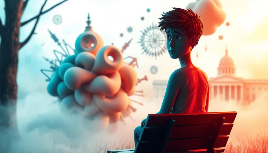 A vibrant, three-dimensional scene depicting the concept of "Bipolar Disorder Disability Benefits". In the foreground, a person sits on a bench, their face expressing a mix of emotions ranging from anguish to hope. They are surrounded by a hazy, dreamlike environment with a soft, diffused light source, evoking a sense of introspection. In the middle ground, abstract shapes and forms representing the various challenges and uncertainties of living with bipolar disorder. The background features a stylized representation of government or institutional buildings, alluding to the bureaucratic processes involved in obtaining disability benefits. The overall composition conveys a sense of the complex, multifaceted experience of navigating the mental health system and seeking support.