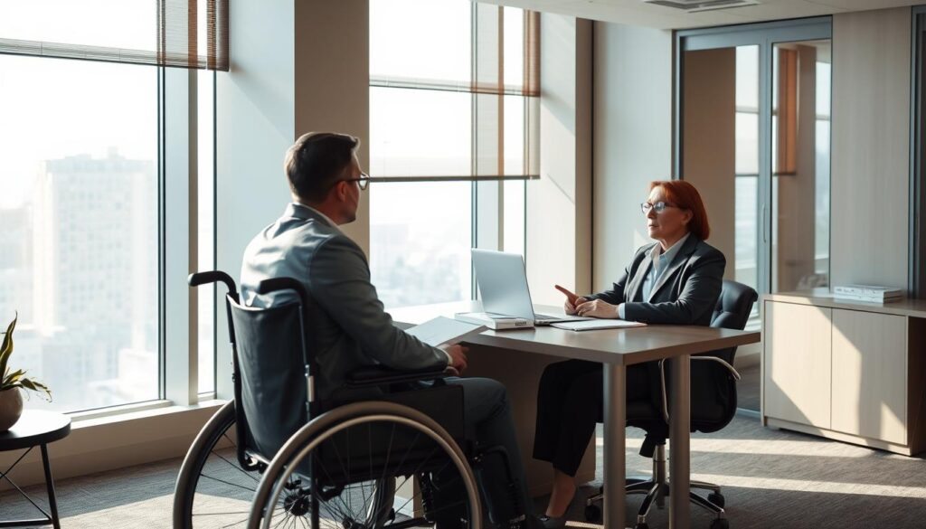 A well-appointed office in a modern high-rise, sunlight streaming through floor-to-ceiling windows. On the desk, a stack of legal documents, a laptop, and a nameplate that reads "Disability Benefits Attorney." A person in a wheelchair sits across from the desk, engaging in a serious discussion with the lawyer. The scene conveys professionalism, expertise, and a commitment to helping those in need of disability assistance. The lighting is soft and natural, casting a warm glow over the space and creating a sense of trust and compassion.