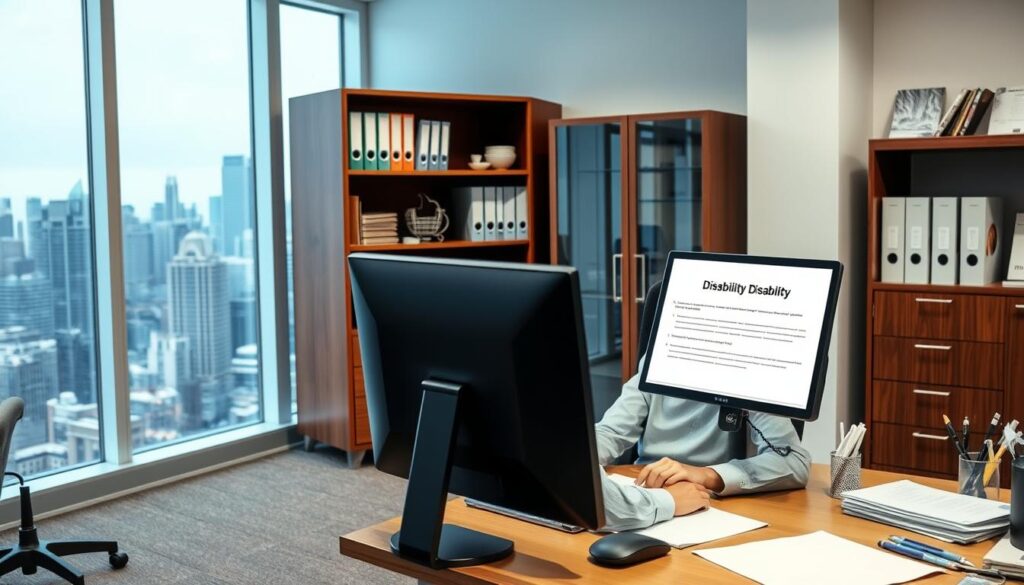 A well-lit, modern office interior with an ergonomic desk, a computer monitor, and various office supplies. In the foreground, a person sits at the desk, carefully filling out an online form labeled "Social Security Disability Application". The middle ground features a bookshelf filled with relevant documents and a cabinet with official-looking files. The background showcases a large window overlooking a bustling city skyline, emphasizing the professional, administrative atmosphere. The overall scene conveys a sense of diligence, attention to detail, and the administrative process involved in applying for social security disability benefits.