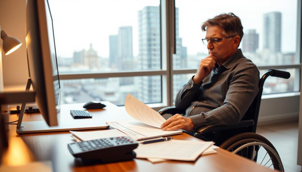 A well-lit office scene, with a desk, chair, and computer in the foreground. On the desk, a stack of documents and a calculator, symbols of financial paperwork. In the middle ground, a person in a wheelchair reviewing the documents, their face thoughtful and focused. The background is a window overlooking a cityscape, suggesting the broader context of social and economic factors. The lighting is warm and inviting, creating a sense of professionalism and care. The angle is slightly elevated, giving a sense of authority and importance to the subject matter.
