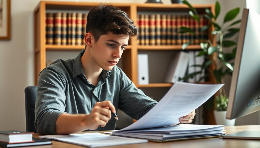A young adult sits at a desk, intently reviewing paperwork and documents related to Social Security Disability Benefits. The scene is bathed in soft, natural lighting that highlights the focused expression on their face. The desk is neatly organized, with a computer monitor, a stack of files, and a pen poised in their hand. In the background, a bookshelf filled with legal volumes and a potted plant add a sense of professionalism and attention to detail. The overall mood conveys the gravity and importance of understanding the eligibility requirements for these critical benefits.