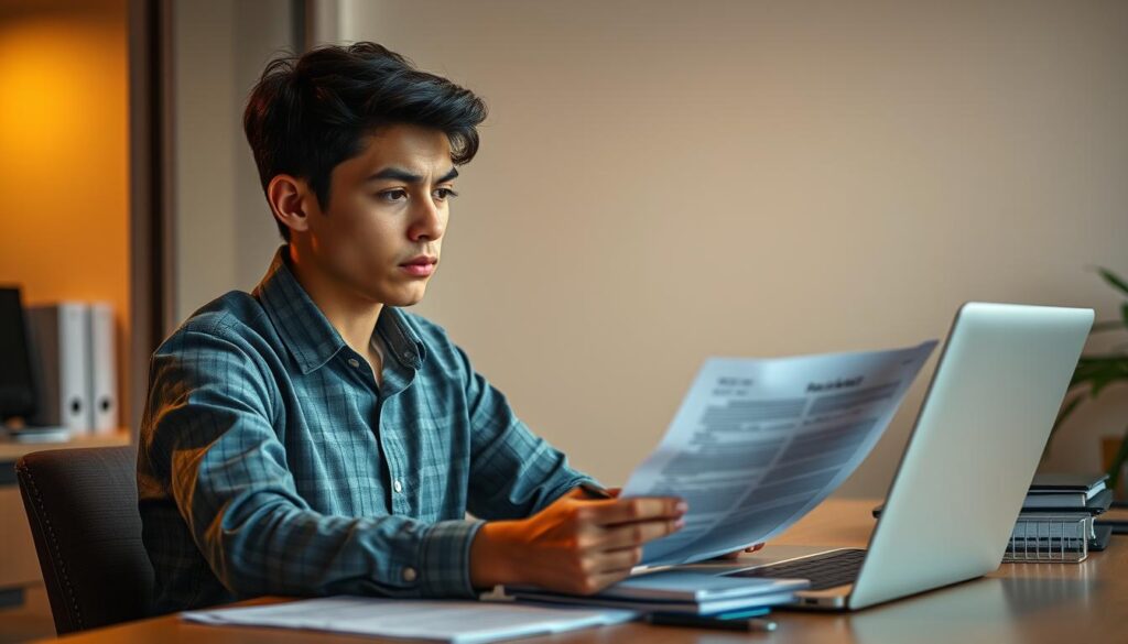 A young adult sitting at a desk, reviewing official documents and forms related to disability benefits. Soft, warm lighting illuminates the scene, creating a sense of focus and concentration. The desk is neatly organized, with a laptop, a stack of papers, and a pen in hand. The background is a serene, professional office setting, with subtle hints of technology and bureaucracy. The young adult's expression conveys a mix of determination and uncertainty, reflecting the complex process of navigating the disability benefits system. The overall mood is one of thoughtfulness and diligence, capturing the importance of this pivotal aspect of life for young adults with disabilities.