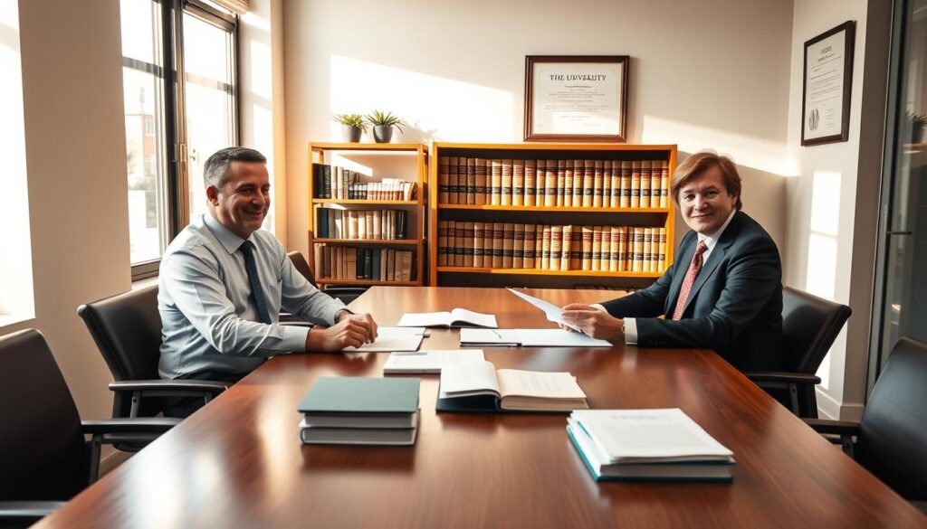 An office interior with three disability lawyers sitting at a long wooden conference table, discussing legal documents and case files. Soft natural light filters in through large windows, casting a warm glow on their faces. The lawyers are dressed in professional attire - button-down shirts, ties, and suits. In the background, a bookshelf filled with law volumes and a framed university diploma hang on the wall. The overall atmosphere conveys a sense of expertise, diligence, and compassion as the lawyers collaborate to advocate for their clients.