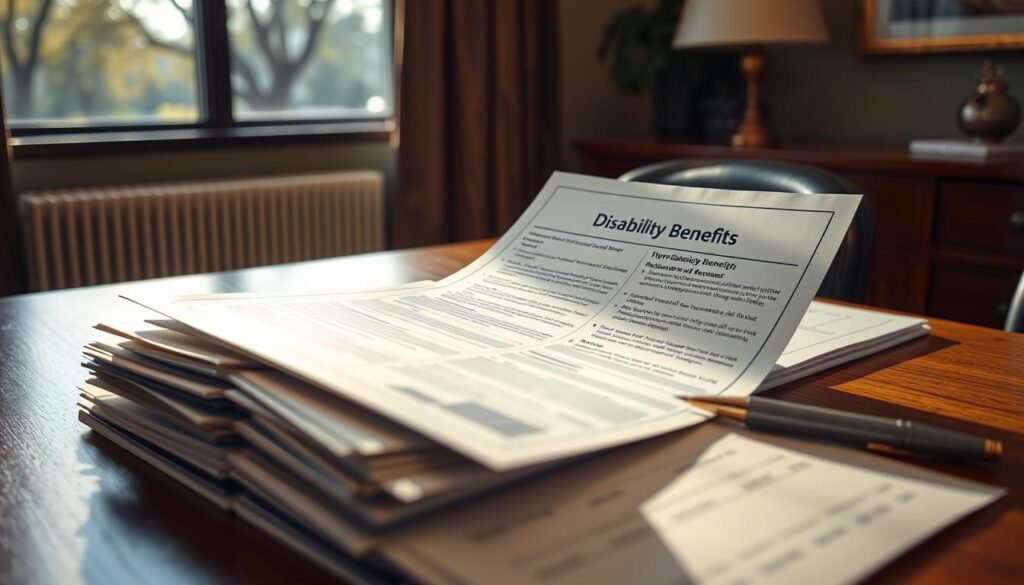 Detailed informational pamphlet on disability benefits, illuminated by warm, natural lighting. A stack of official-looking forms and documents sits atop a wooden desk, with a pen and calculator nearby, hinting at the administrative process. The background features a muted, professional office setting, with tasteful decor and a large window offering a view of a serene, tree-lined street. The overall atmosphere conveys a sense of reassurance and reliability, instilling confidence in the viewer about the accessibility and transparency of the disability benefits system.