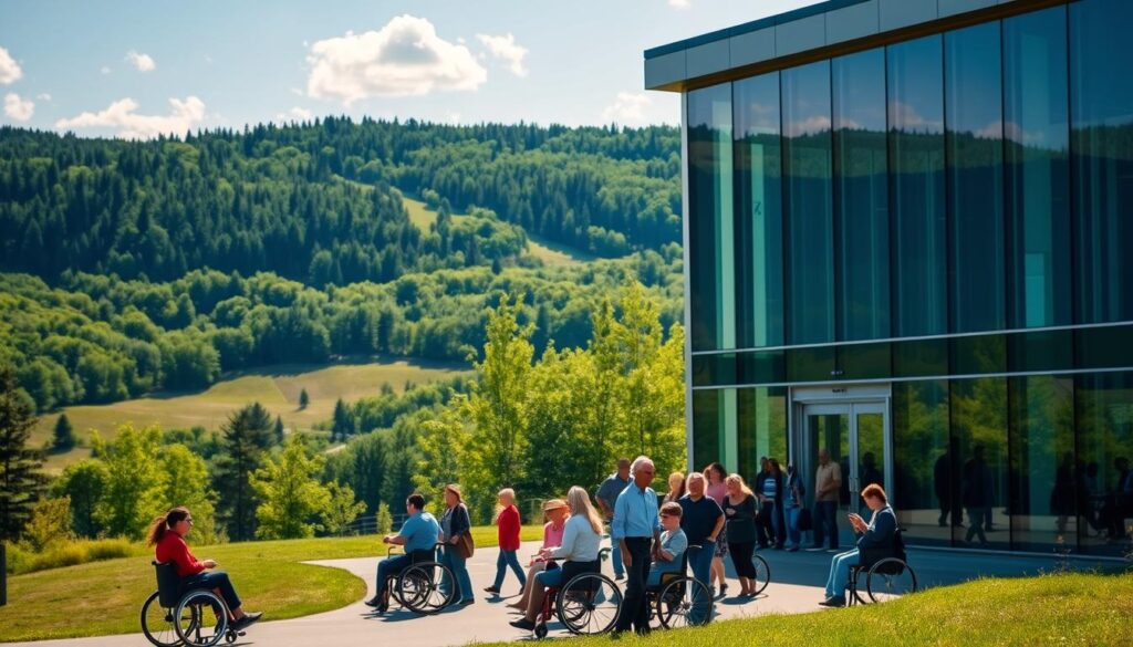 Vibrant Minnesota landscape, with rolling hills and verdant forests in the background. In the foreground, a modern office building with clean lines and glass facade, representing the administrative center for Minnesota's disability insurance program. Sunlight streams through the windows, creating a warm, inviting atmosphere. In the middle ground, a group of diverse individuals, some in wheelchairs, others using mobility aids, gathered at the entrance, symbolizing the accessibility and inclusivity of the program. Crisp, high-resolution photography with a depth of field that keeps the focal point sharp while subtly blurring the edges, emphasizing the importance of the subject matter.