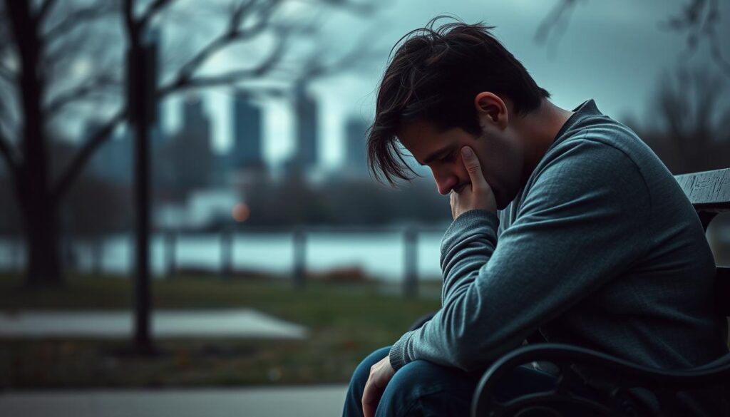 an image of a person struggling with bipolar disorder, sitting on a park bench in a gloomy, overcast environment. The individual's facial expression conveys a mix of despair and exhaustion, their head hung low. In the background, a blurred cityscape fades into the distance, suggesting isolation and a sense of being disconnected from the world. The lighting is somber, with soft, diffused shadows casting a melancholic tone. The overall atmosphere evokes a powerful sense of the challenges and disability associated with bipolar disorder.