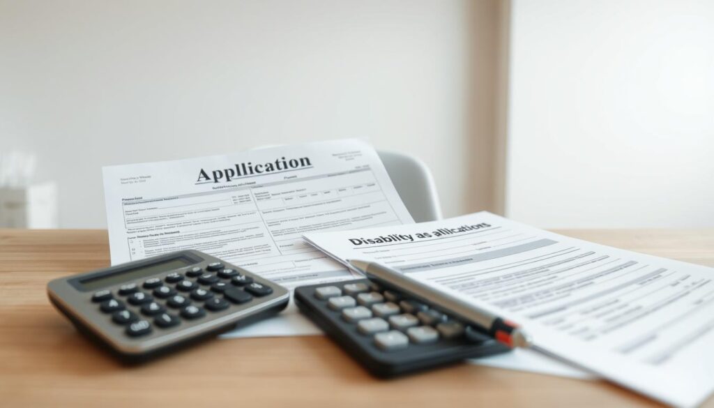 disability application documents on a desk, filled out forms and papers, with a pen and a calculator, in a well-lit office setting with a plain, neutral-colored background, in a realistic, high-quality photographic style