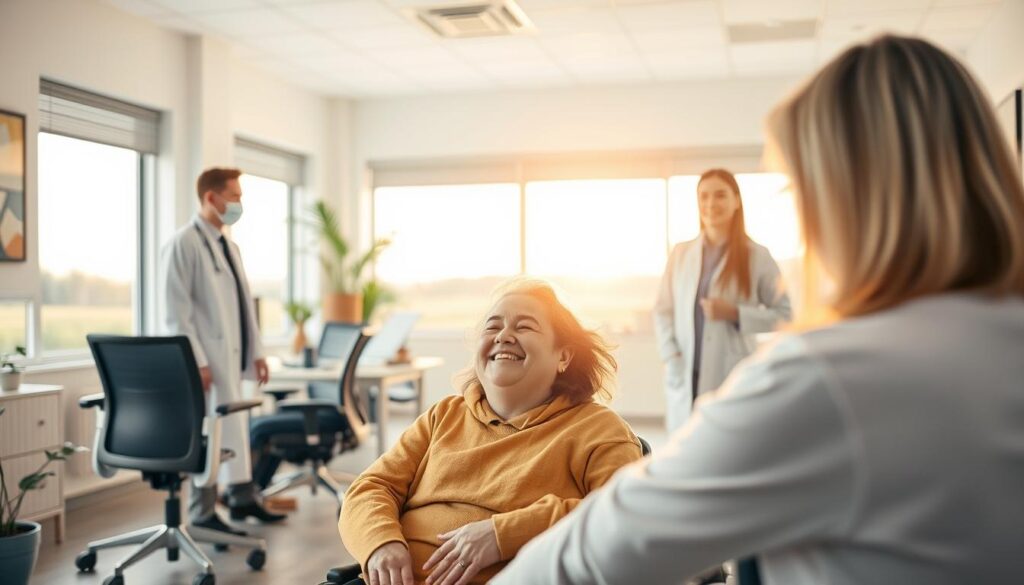 disability benefits, a financial support system for individuals living with physical or mental impairments, represented by a warm, empathetic scene. In the foreground, a person in a wheelchair, their face expressing relief and gratitude, surrounded by a supportive network of healthcare professionals and social workers. The middle ground features a well-equipped office space, with ergonomic furniture and assistive technology, conveying a sense of accessibility and care. In the background, a serene, sun-dappled landscape, symbolizing the tranquility and improved quality of life that disability benefits can provide. Soft, natural lighting casts a gentle glow, creating an atmosphere of hope and dignity.