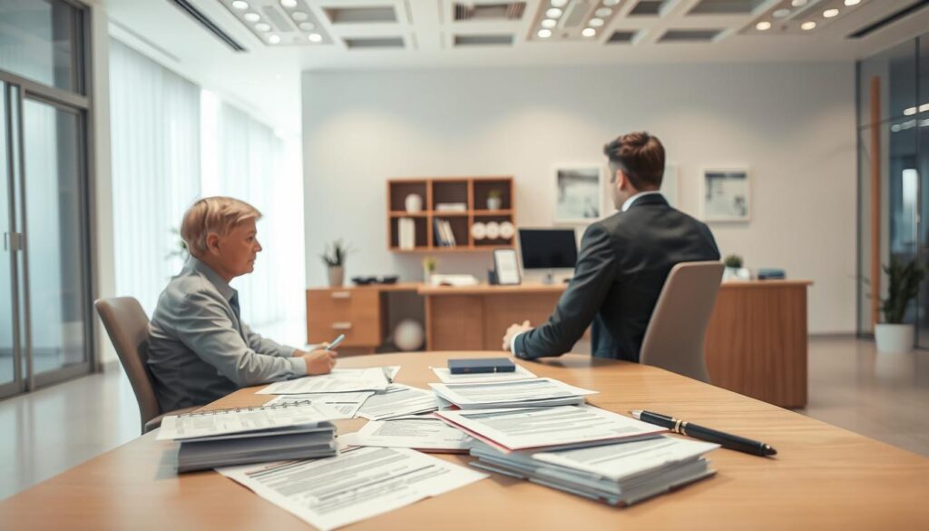 workers compensation benefits, a concept illustrated through a detailed scene of a person in an office setting, consulting with a professional about their eligibility and claim process. The foreground features the person, dressed in formal attire, sitting across a desk from a representative, both engaged in a discussion. The middle ground showcases various documents and forms related to the workers compensation program. The background depicts a modern, well-lit office environment with clean lines, neutral tones, and minimalist decor, conveying a sense of professionalism and efficiency. The lighting is soft and diffused, creating a warm, inviting atmosphere. The camera angle is slightly elevated, providing a balanced and comprehensive view of the scene.